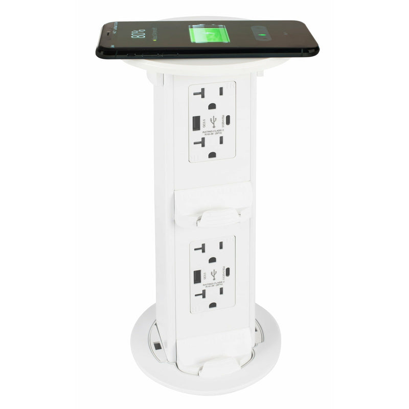 Lew Electric PUR20-RAWT-AC-2P-QI Pop Up 2 Stage All White Countertop Outlet, Phone Wirelessly Charging