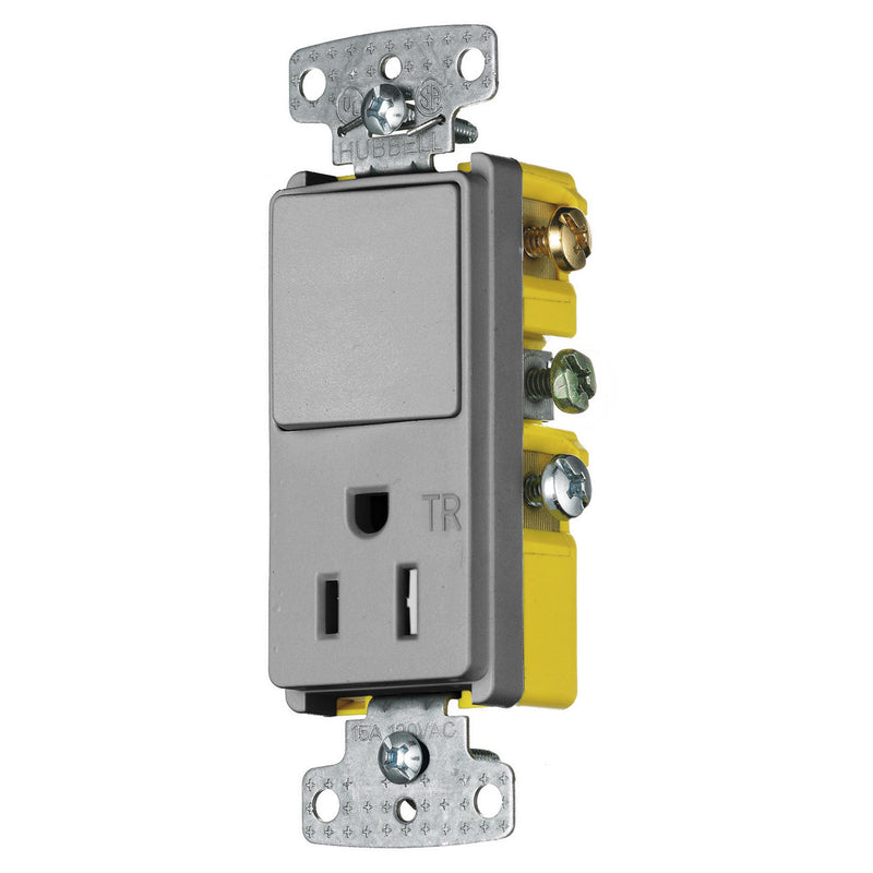 Hubbell RCD108GYTR 15 Amp Decora Single-Pole Rocker Combo Switch and Receptacle, Gray