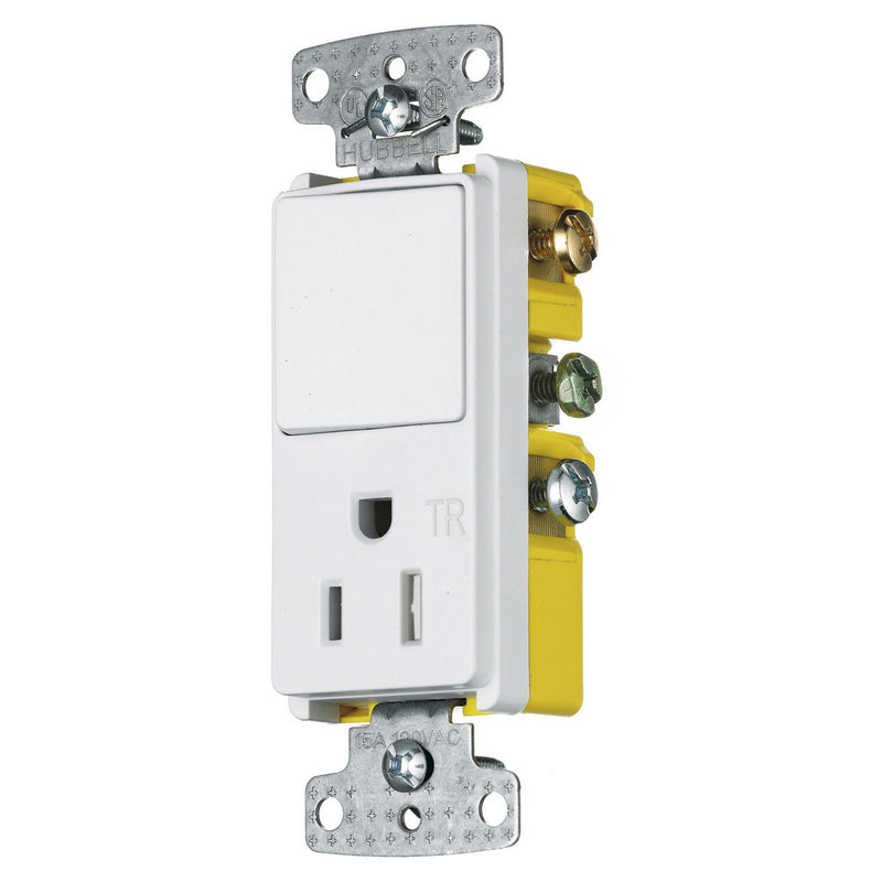 Hubbell RCD108WTR 15 Amp Decora Single-Pole Rocker Combo Switch and Receptacle, White
