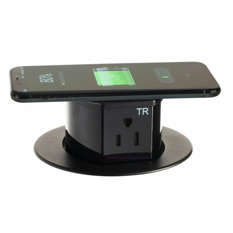 Hubbell RCT600BK Countertop Pop Up Power Outlet, USB-A/C, QI, Black, Wireless Phone Charging