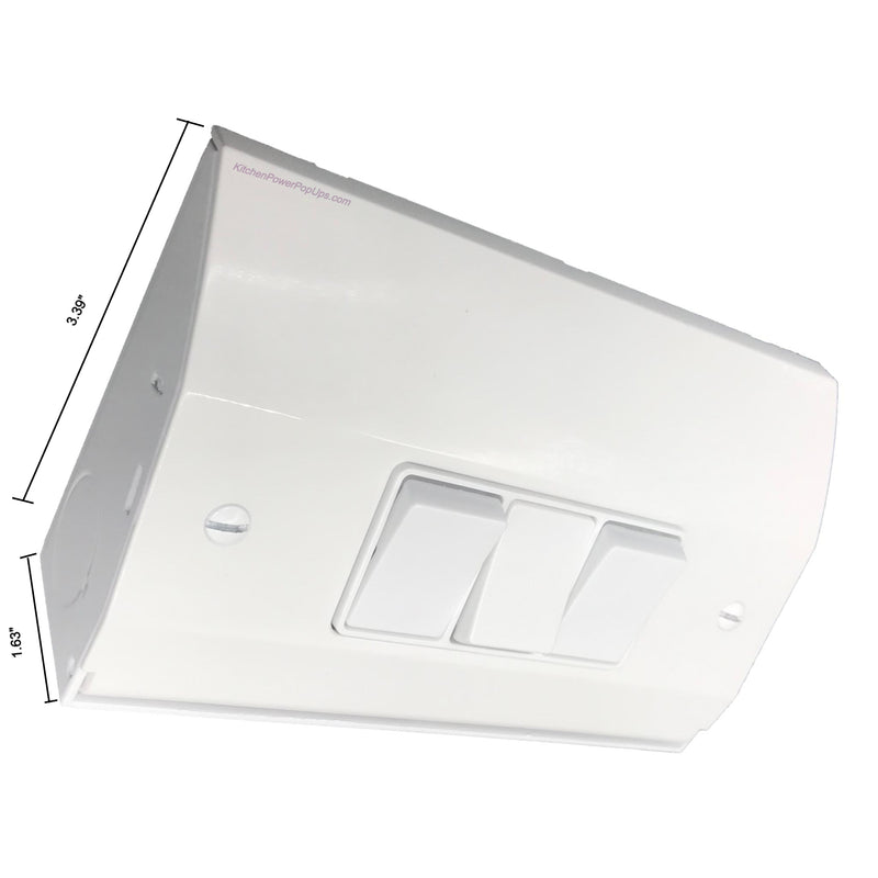 RU170WTLS Under Cabinet Slim Triple Rocker Light Switch Box, White, Showing Dimensions