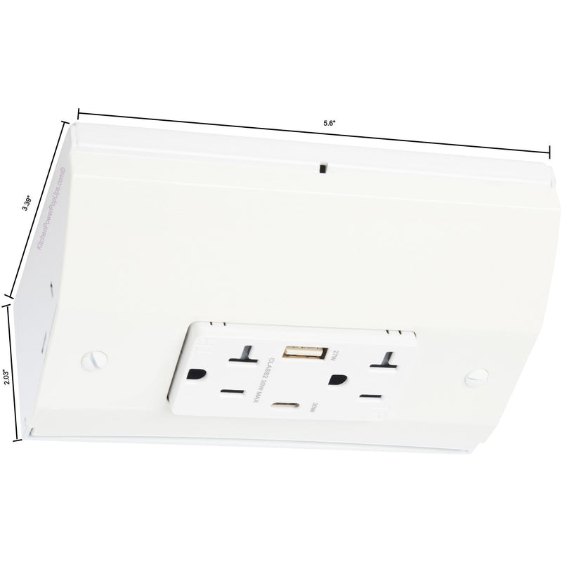 Under Cabinet Power Box, 20A Outlet, 30W USB-C/A Charging Ports, White