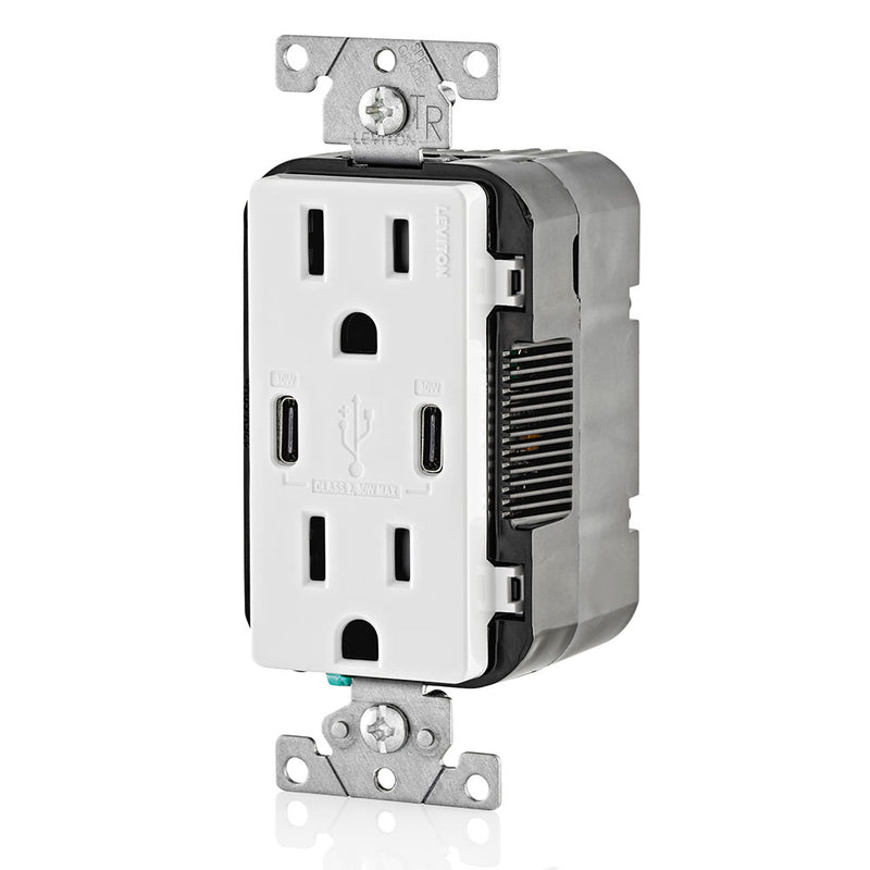Leviton T5635-W 15A Dual USB-C 30W Charging Wall TR Outlet, White