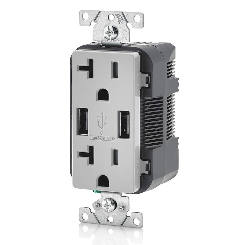 Leviton T5832-GY 20A Dual 3.6AUSB Port Charging Outlet, TR Plugs, Gray - Side