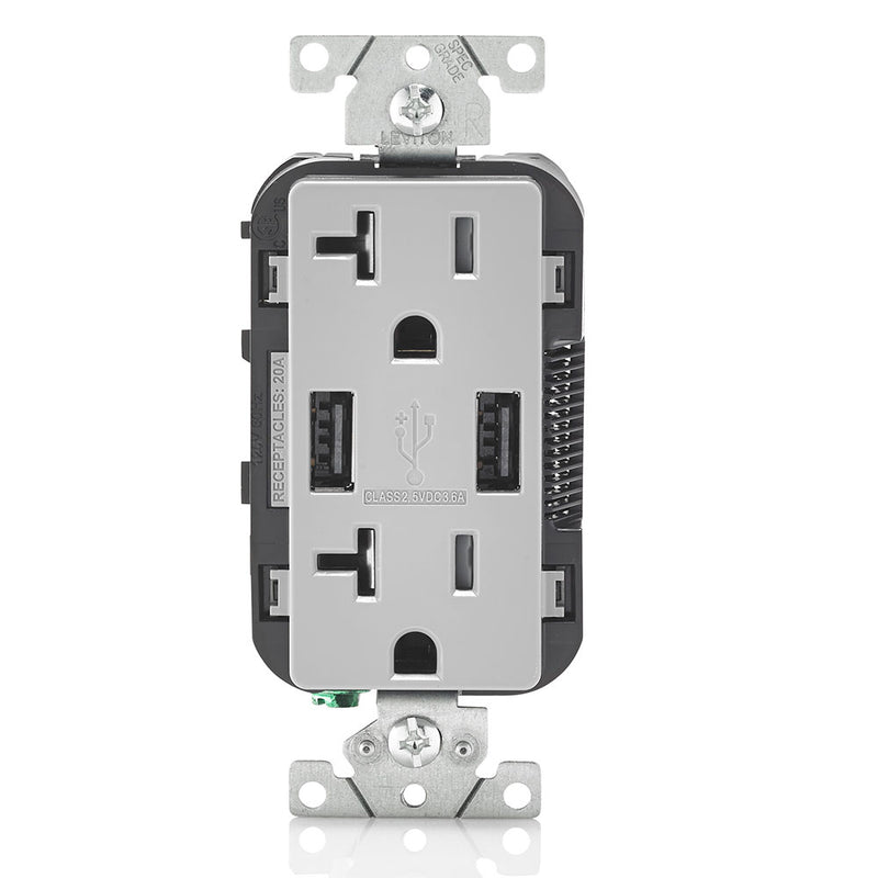 Leviton T5832-GY 20A Dual 3.6AUSB Port Charging Outlet, TR Plugs, Gray - Front