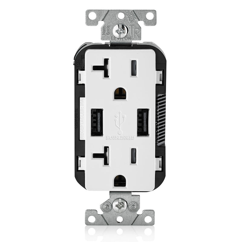 Leviton T5832-W 20A Dual 3.6AUSB Port Charging Outlet, TR Plugs, White - Front