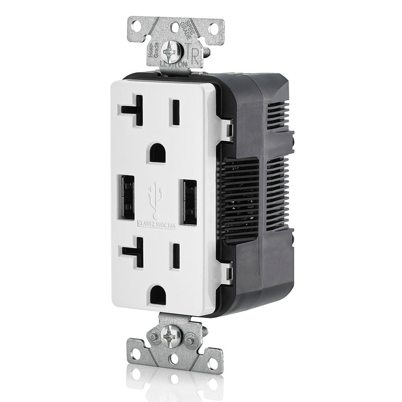 Leviton T5832-W 20A Dual 3.6AUSB Port Charging Outlet, TR Plugs, White - Side