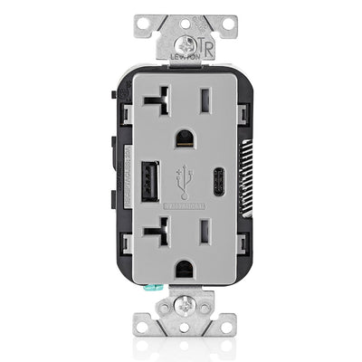 Leviton T5833-GY 5.1A USB Type-A Type-C Charging Wall 20A Outlet, Gray