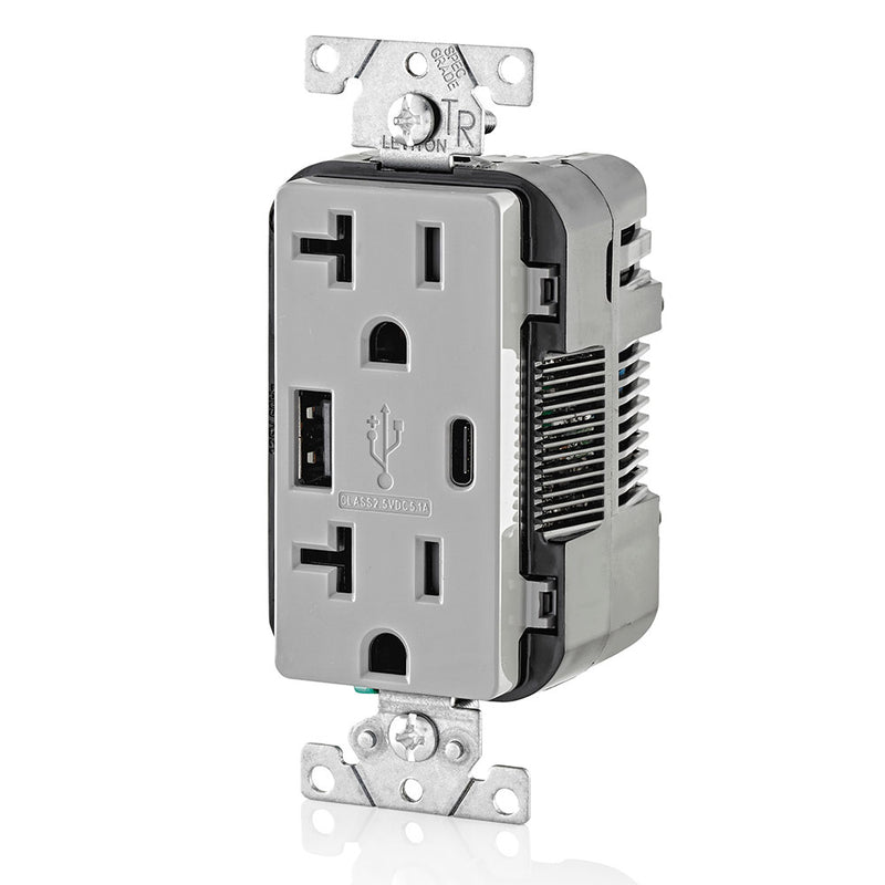 Leviton T5833-GY 5.1A USB Type-A Type-C Charging Wall 20A Outlet, Gray, Side View
