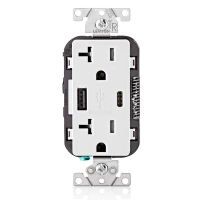 5.1A USB Type-A and USB Type-C Charging Wall TR 20 Amp Outlet, White