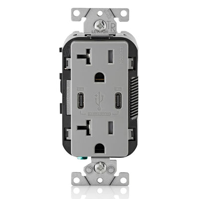 Leviton T5835-G 20A Dual USB-C Charging Wall TR Outlet, Gray