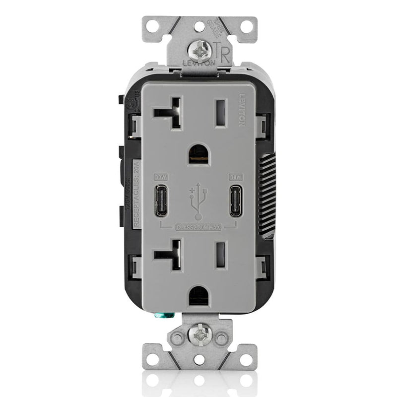 Leviton T5835-G 20A Dual USB-C Charging Wall TR Outlet, Gray