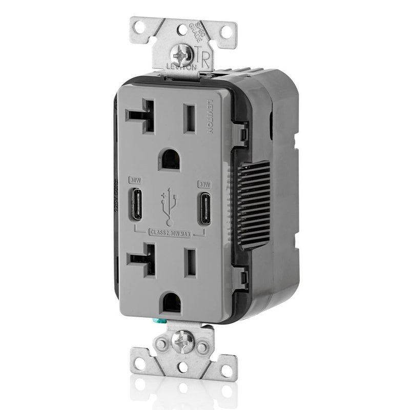 Leviton T5835-G 20A Dual USB-C Charging Wall TR Outlet, Gray