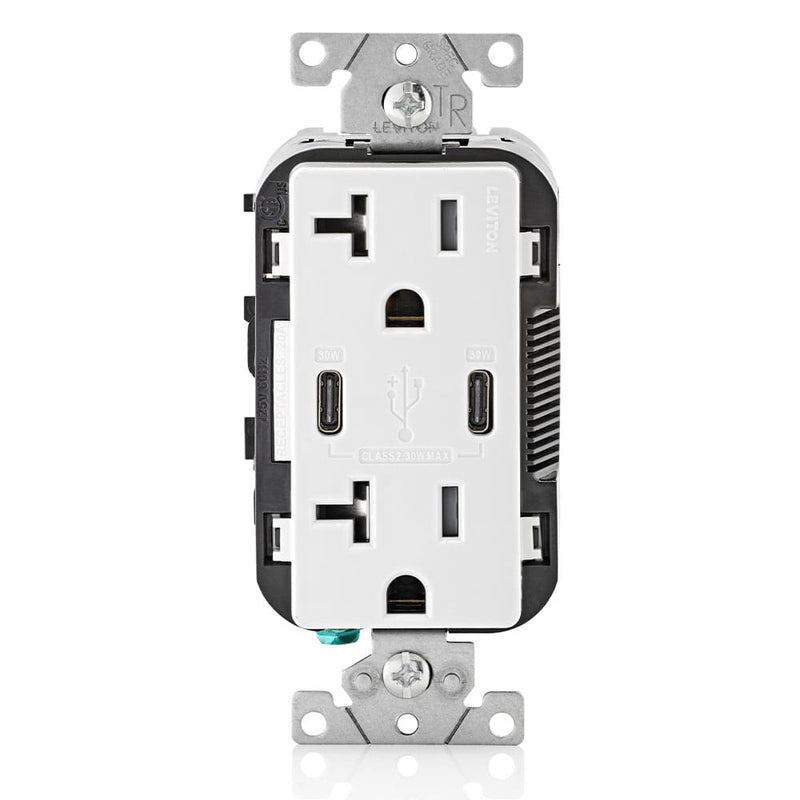 Leviton T5835-W 20A Dual USB-C Charging Wall TR Outlet, White