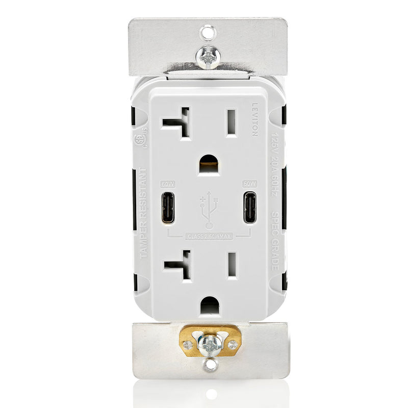 Leviton T5836-W 20A Dual USB-C 60W Charging Wall TR Outlet, White