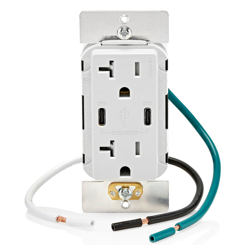 Leviton T5836-W 20A Dual USB-C 60W Charging Wall TR Outlet, White