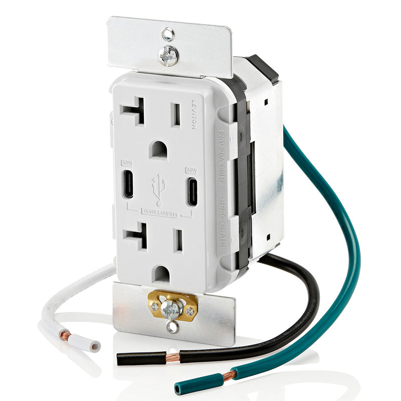 Leviton T5836-W 20A Dual USB-C 60W Charging Wall TR Outlet, White