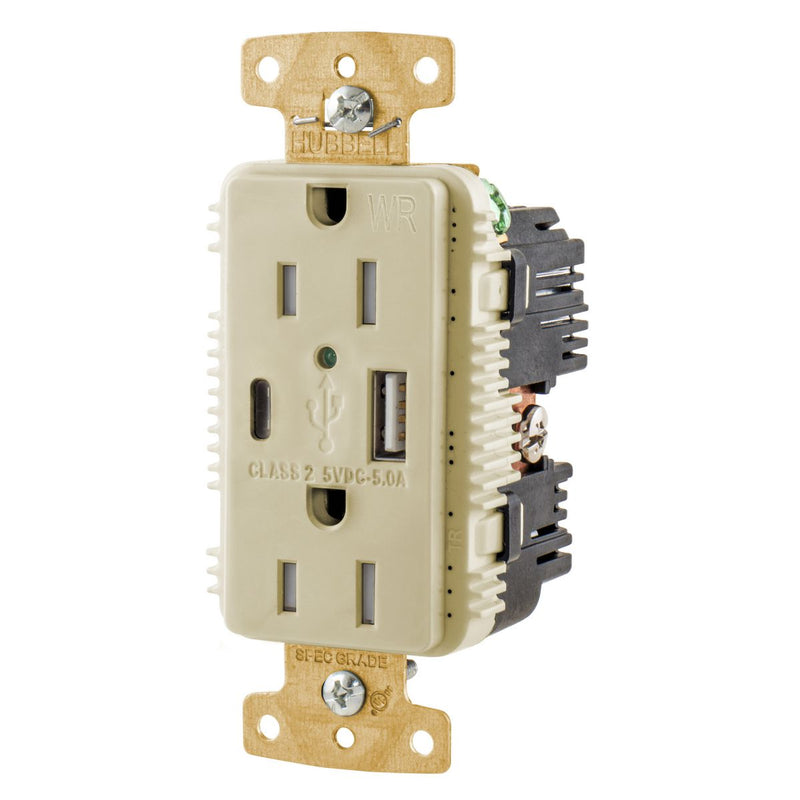 15A USB-C USB-A 5 Amp Charging Weather Resistant WR TR Outdoor Outlet, Ivory