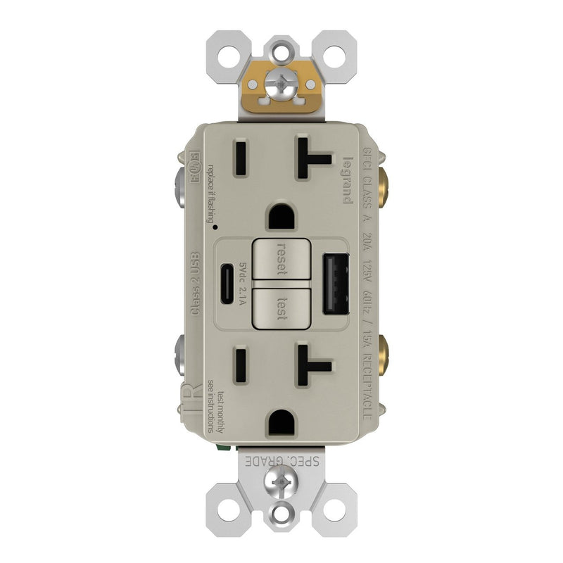 GFCI with USB-AC Charging Combo Outlet, Tamper Resistant, 20A, Nickel