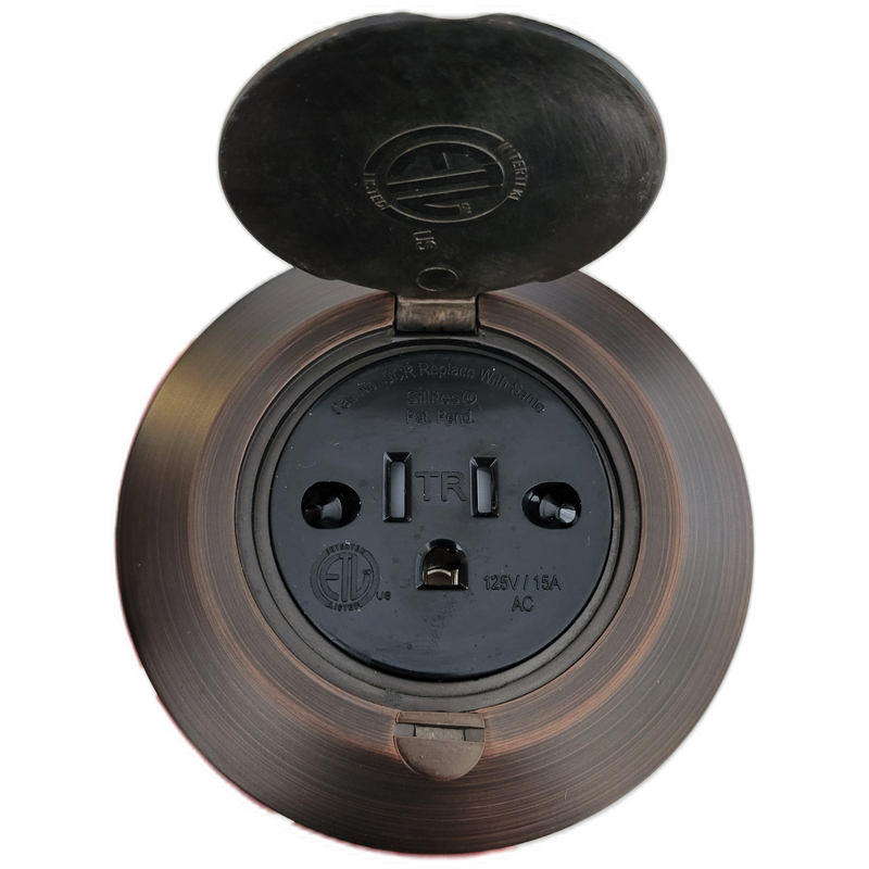 Single Receptacle 3.75" Round Floor Box, Antique Bronze, Black Outlet