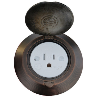 Single Receptacle 3.75" Round Floor Box, Antique Bronze, White Outlet