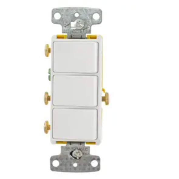 Hubbell RCD111W 15 Amp Decora Triple Single-Pole Rocker Switch, White, Front