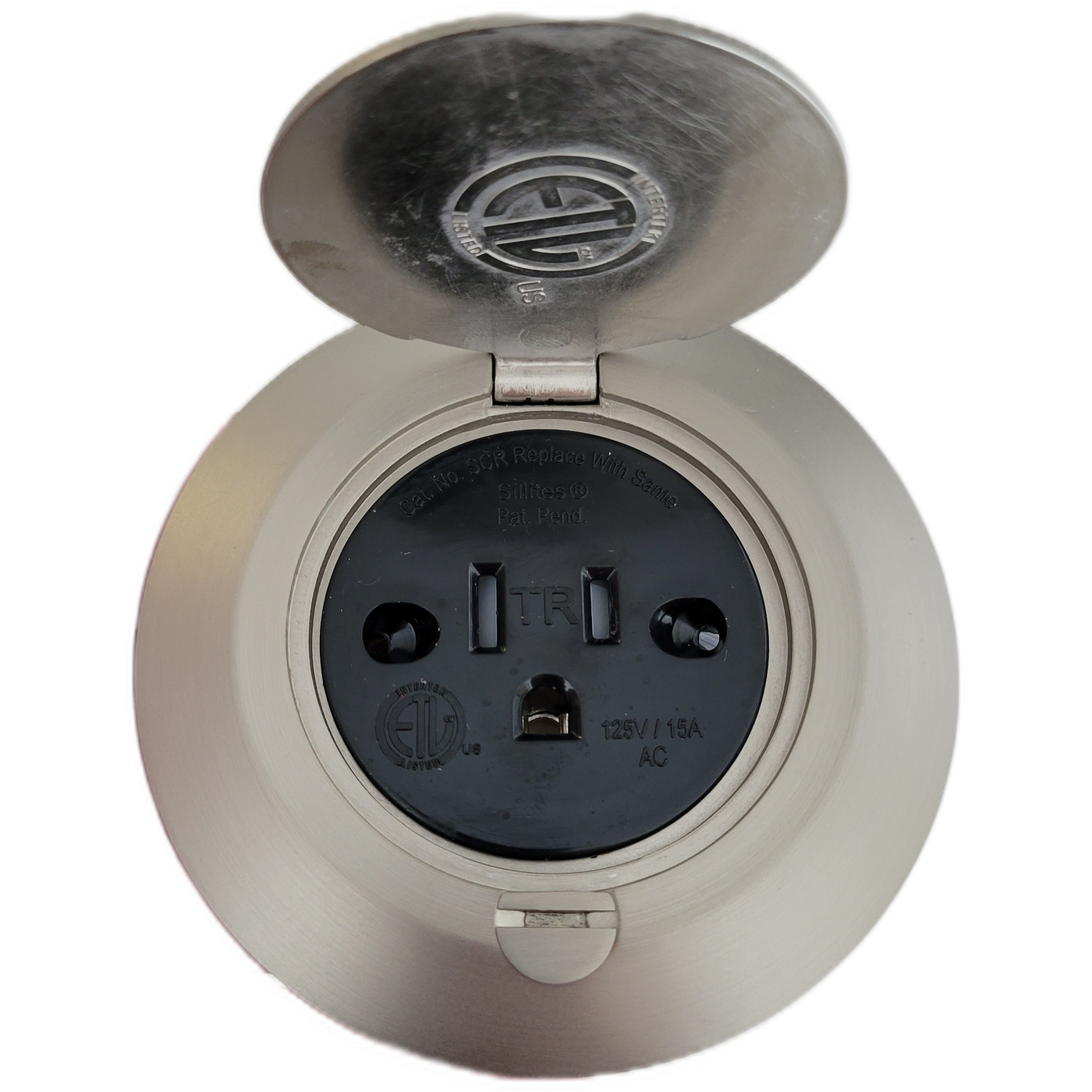 Single Receptacle Round Floor Box, Brushed Nickel, Black Outlet ...