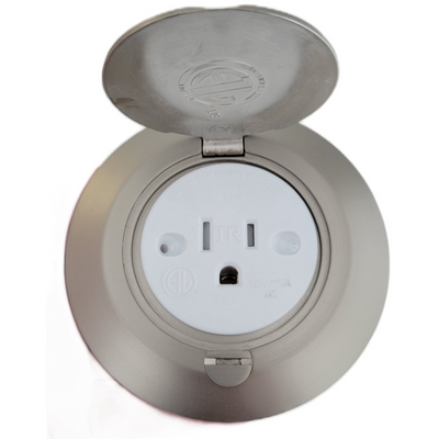 Single Receptacle Round Floor Box, Brushed Nickel, White Outlet